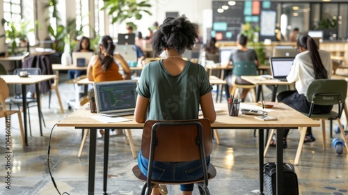 Independent woman in coffee color inch shirt working in front of notebook in modern office, desk, office woman, independent woman