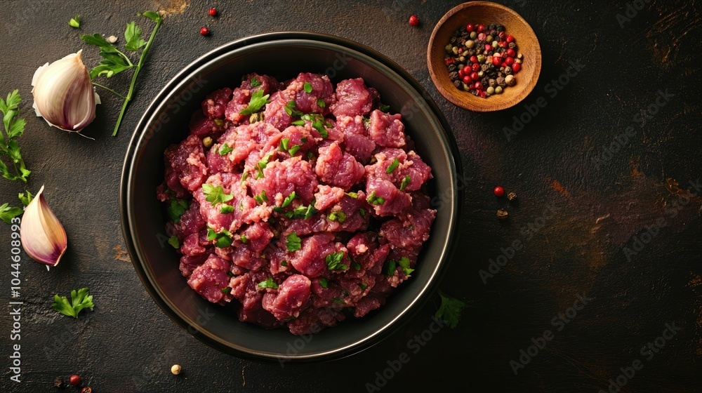 Minced beef tenderloin prepared in a traditional style Selective focus showcasing a top view of the dish Minced beef tenderloin prepared in a traditional style Selective focus showcasing a top view of the dish