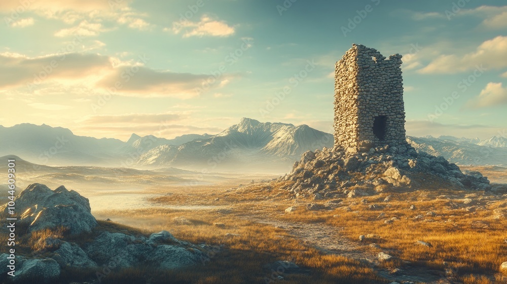 Obraz premium Majestic Stone Tower in Serene Mountain Landscape