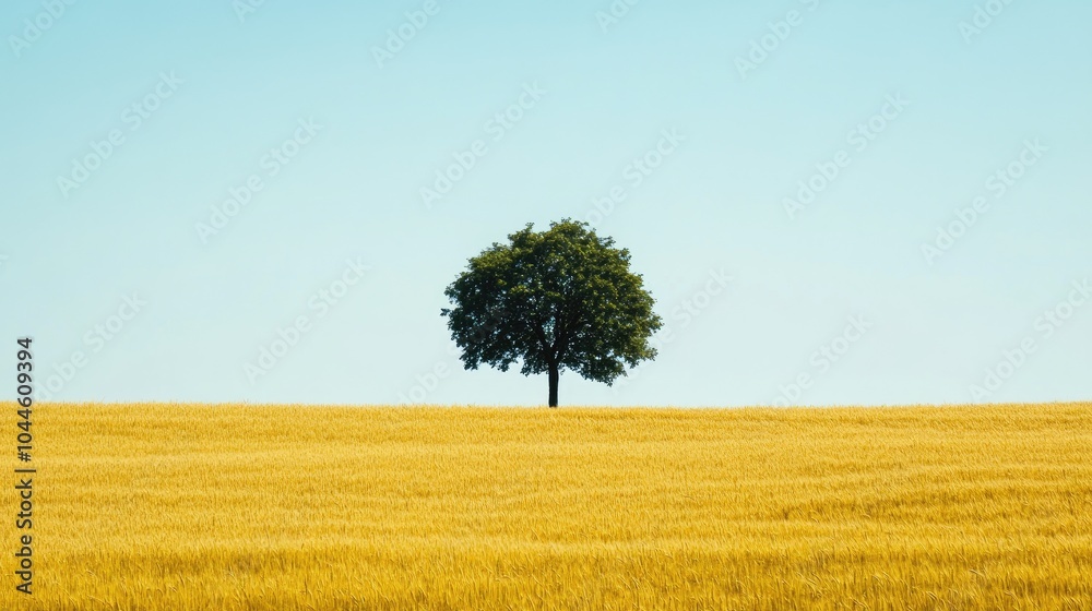 Serene Single Tree in Golden Wheat Field Under Blue Sky Serene Single Tree in Golden Wheat Field Under Blue Sky