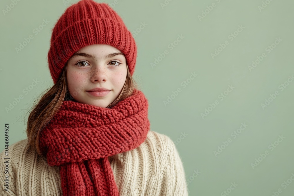 Portrait of a young girl in cozy autumn or winter wear with a red knitted hat and scarf against a soft green background Portrait of a young girl in cozy autumn or winter wear with a red knitted hat and scarf against a soft green background