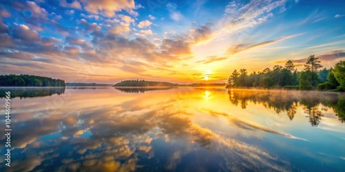 Tranquil sunrise over Allen Lake creates beautiful reflections on the calm water surface, serenity, dawn, nature, lake