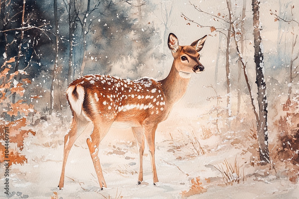 Obraz premium A young deer standing gracefully in a snowy forest during wintertime, surrounded by frosty trees and a serene atmosphere