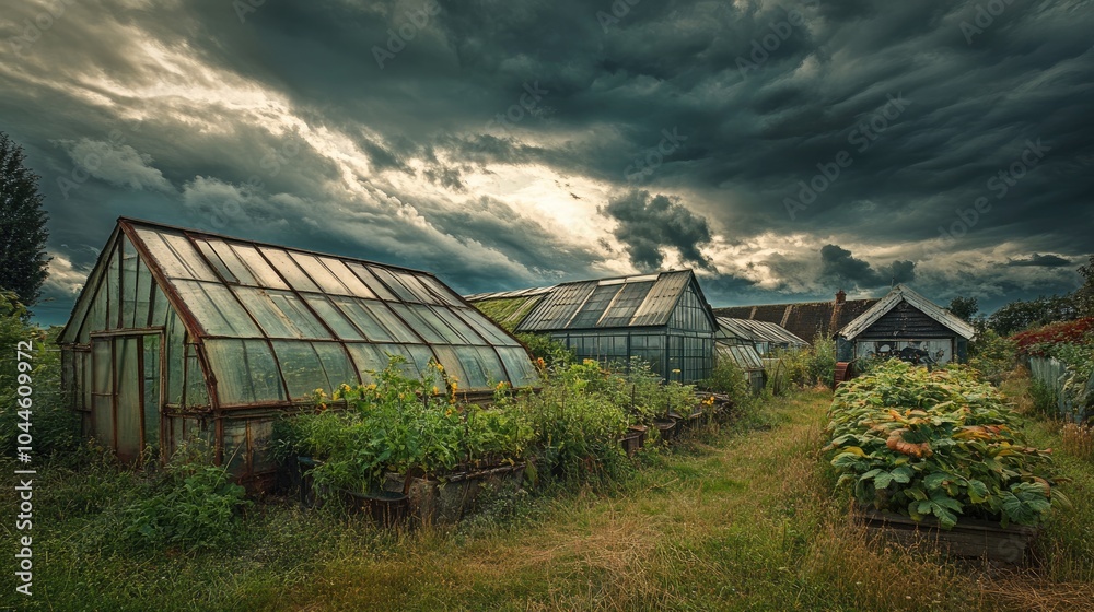 Greenhouses beneath a cloudy sky Greenhouses beneath a cloudy sky