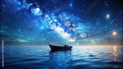 Silhouette of a boat against a background of countless stars reflecting on the dark deep sea