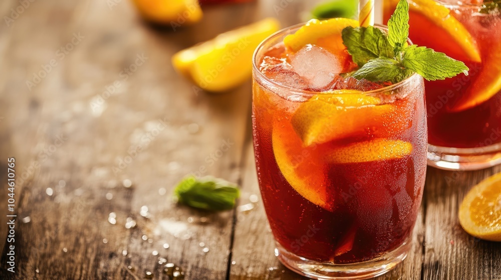 Refreshing fruit punch mocktail served on a wooden table