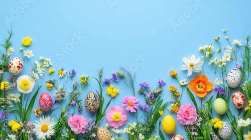 Easter themed border featuring vibrant spring flowers and colorful quail eggs against a blue background Ideal for springtime and holiday related designs with ample copy space Top view photo