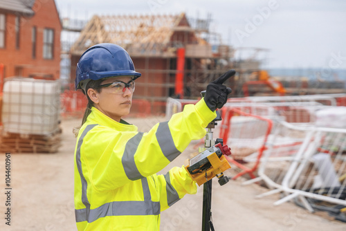 Dynamic construction site with a female engineer guiding operations under a cloudy sky in a developing neighborhood photo