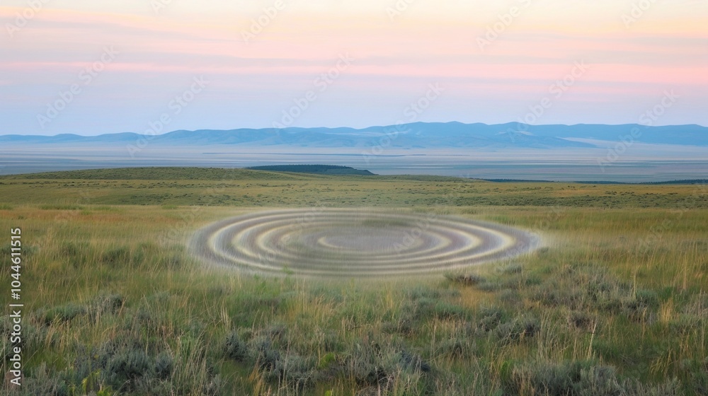 Fototapeta premium Sound waves radiating across a serene landscape, symbolizing the interconnectedness and harmony of natural and auditory elements.