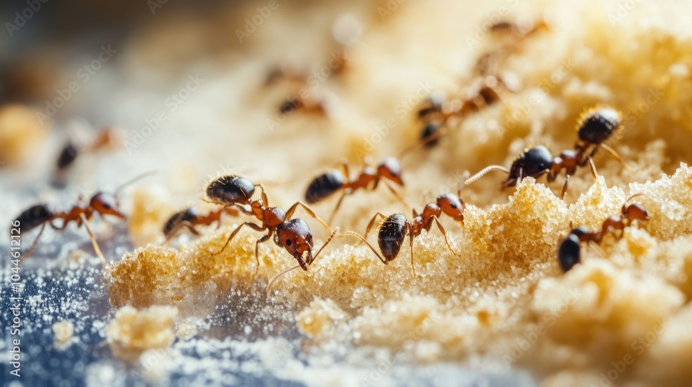 Close up of a cluster of ants consuming leftover food crumbs and sugar scattered on a surface Close up of a cluster of ants consuming leftover food crumbs and sugar scattered on a surface