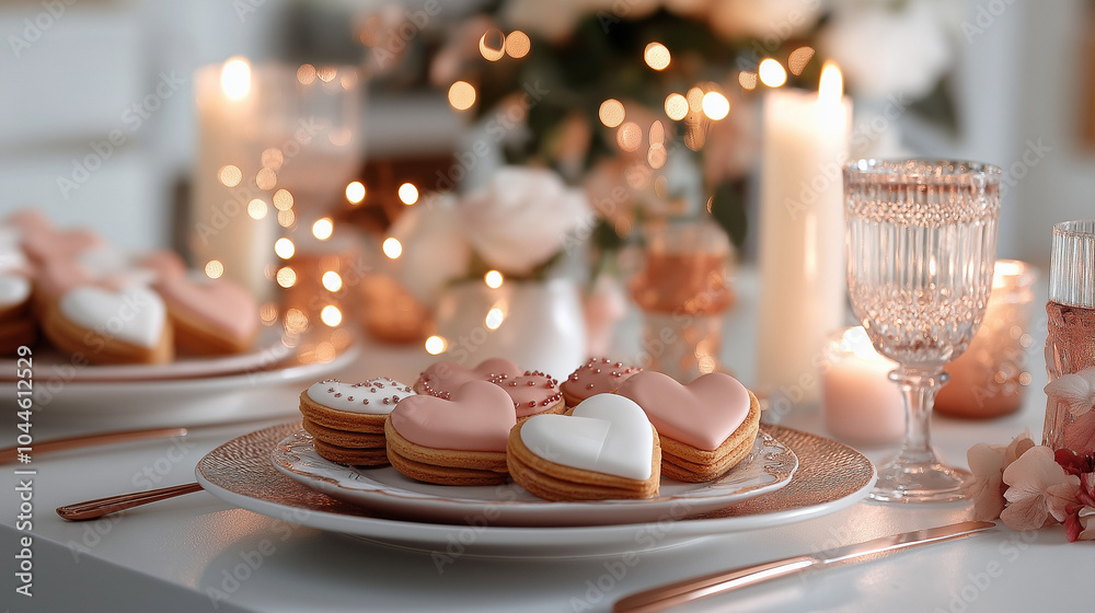 A festive table setting with heart-shaped cookies, flowers, and candles for Valentine's Day, creating a romantic and inviting atmosphere A festive table setting with heart-shaped cookies, flowers, and candles for Valentine's Day, creating a romantic and inviting atmosphere