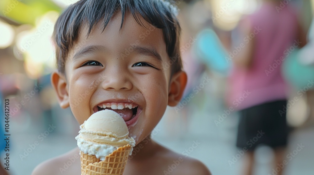 A kid eating a cone ice cream with very happy laughing face looking into the camera A kid eating a cone ice cream with very happy laughing face looking into the camera