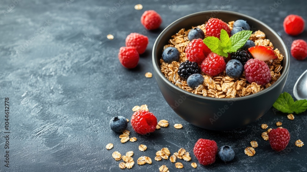 Homemade oatmeal granola or muesli topped with fresh berries for a nutritious breakfast with selective focus and a healthy food backdrop offering ample copy space Homemade oatmeal granola or muesli topped with fresh berries for a nutritious breakfast with selective focus and a healthy food backdrop offering ample copy space