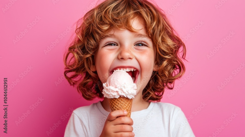 A kid eating a cone ice cream with very happy laughing face looking into the camera A kid eating a cone ice cream with very happy laughing face looking into the camera