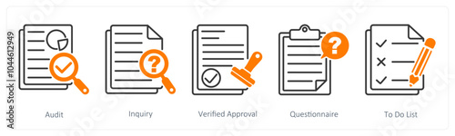 A set of 5 Survey and Rating icons as audit, inquiry, cerified approval