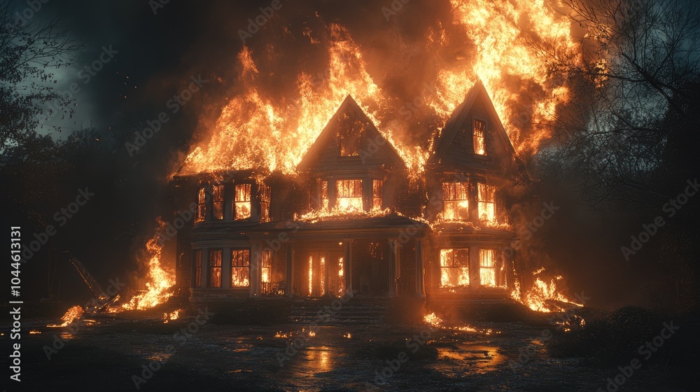 House engulfed in flames at night