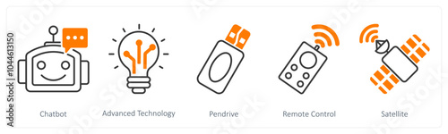 A set of 5 Technology icons as chatbot, advanced technology, pendrive