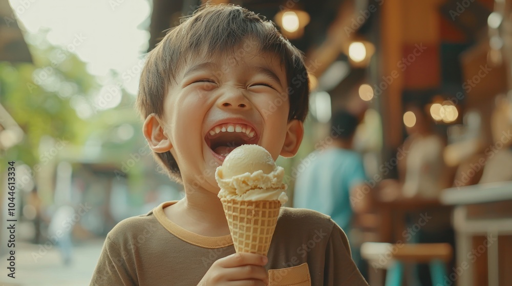 A kid eating a cone ice cream with very happy laughing face looking into the camera A kid eating a cone ice cream with very happy laughing face looking into the camera