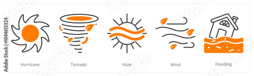 A set of 5 Weather icons as hurricane, tornado, haze