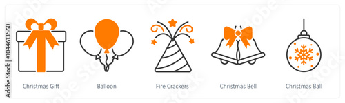 A set of 5 Christmas icons as christmas gift, balloon, fire crackers