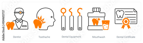 A set of 5 Dental Care icons as dentist, toothache, dental equipment