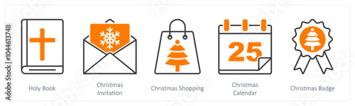 A set of 5 Christmas icons as holy book, christmas invitation, christmas shopping