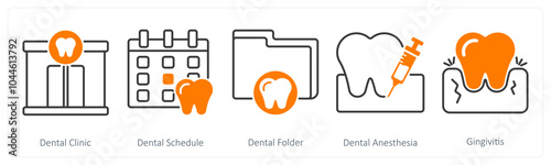 A set of 5 Dental Care icons as dental clinic, dental schedule, dental folder