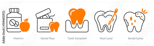 A set of 5 Dental Care icons as vitamins, dental floss, tooth extraction