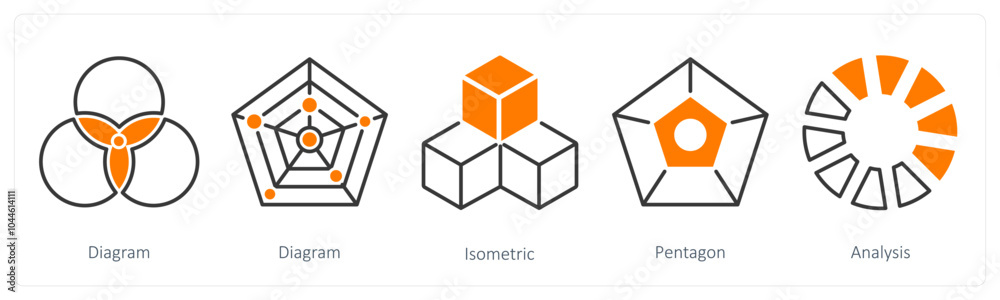 A set of 5 Diagram icons as diagram, isometric, pentagon A set of 5 Diagram icons as diagram, isometric, pentagon