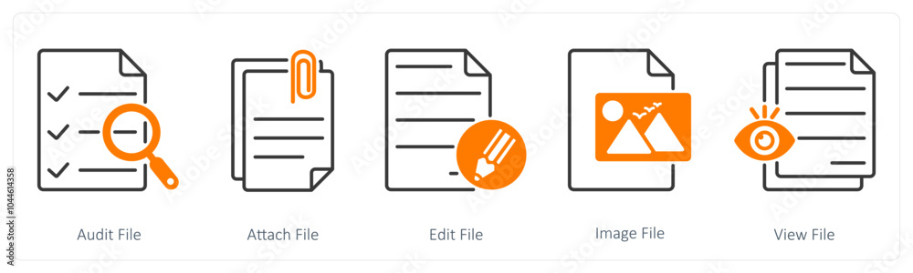 A set of 5 Files icons as audit file, attach file, edit file A set of 5 Files icons as audit file, attach file, edit file