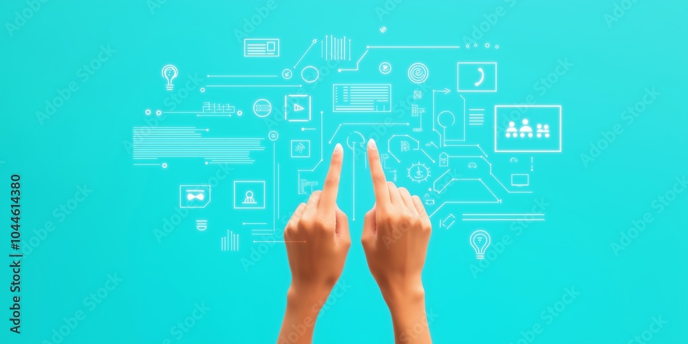 Human and robot, finger touch, AI chat bot and creative services icons hologram, Generative AI
Human and robot, finger touch, AI chat bot and creative services icons hologram, Generative AI