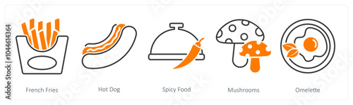 A set of 5 Food and Drink icons as french fries, hot dog, spicy food