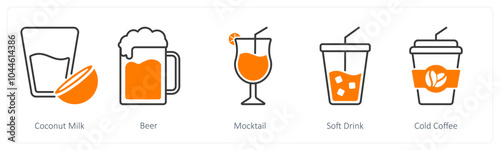 A set of 5 Food and Drink icons as coconut milk, beer, mocktail