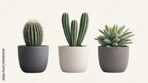 Three cacti in varied pots create a serene and contemporary look in interior design against a neutral background photo