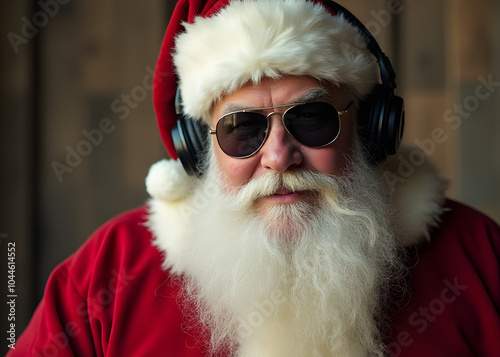 Santa wears sunglasses and headphones over his white beard in a rustic outfit.