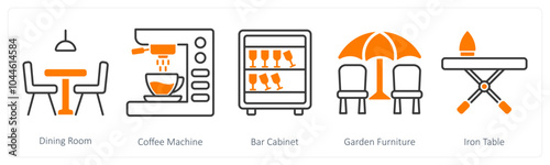 A set of 5 Furniture icons as dining room, coffee machine, bar cabinet