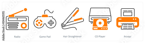 A set of 5 Home Appliances icons as radio, game pad, hair straightene