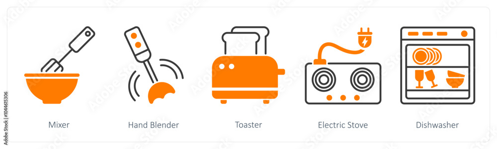 A set of 5 Home Appliances icons as mixer, hand blender, toaster