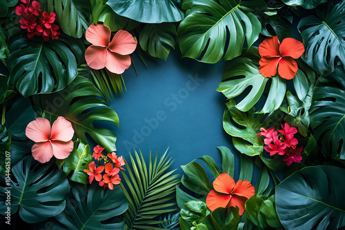A vibrant arrangement of tropical flowers and lush green leaves surrounding a blank space, creating a natural and fresh aesthetic.