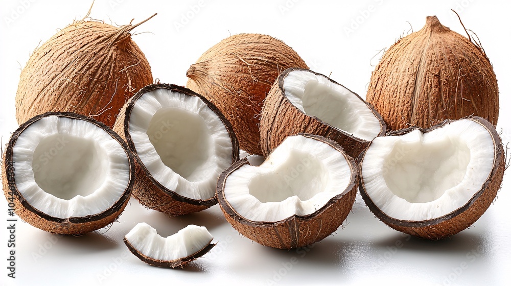 Coconuts Halved from Different Angles for Culinary Use Coconuts Halved from Different Angles for Culinary Use