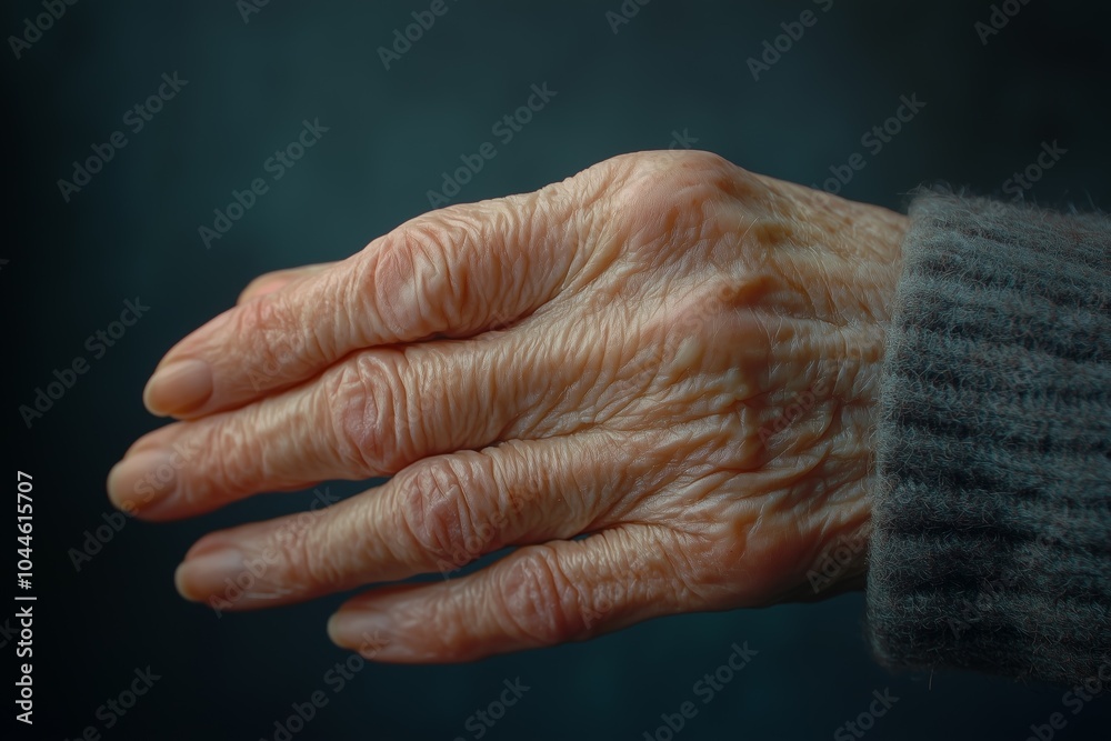 Fototapeta premium Close-up of an elderly hand with wrinkles, illustrating aging, wisdom, and life's journey through detailed skin texture.