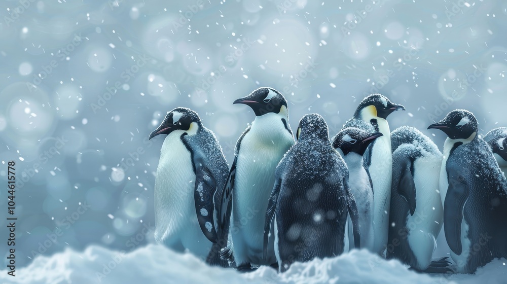 Fototapeta premium Group of Penguins Huddling in Snowy Environment