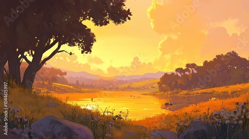 Tranquil Sunset Over Serene Lake Landscape