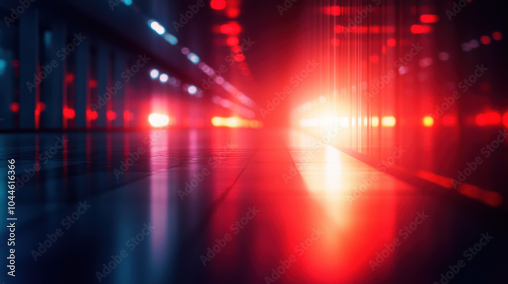 vibrant and dynamic scene featuring corridor illuminated by red and blue lights, creating futuristic atmosphere. interplay of colors evokes sense of mystery and intrigue