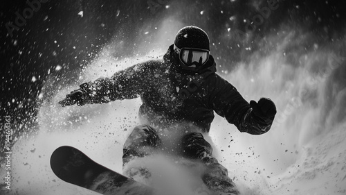 A snowboarder carving through fresh powder in the mountains on a bright winter day photo