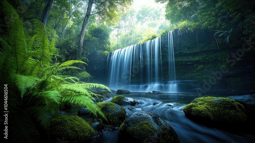 Serene Waterfall in Lush Tropical Forest