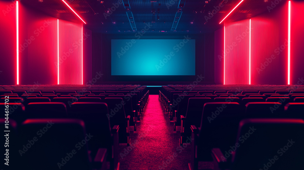 Fototapeta premium Empty Neon-Lit Cinema with Red and Blue Lighting for Screensaver and Presentation Background
