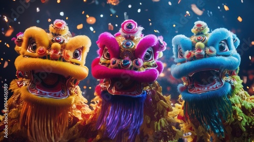 Dynamic performers showcase a vibrant lion dance in colorful costumes highlighting the celebration of cultural heritage during a festive occasion photo