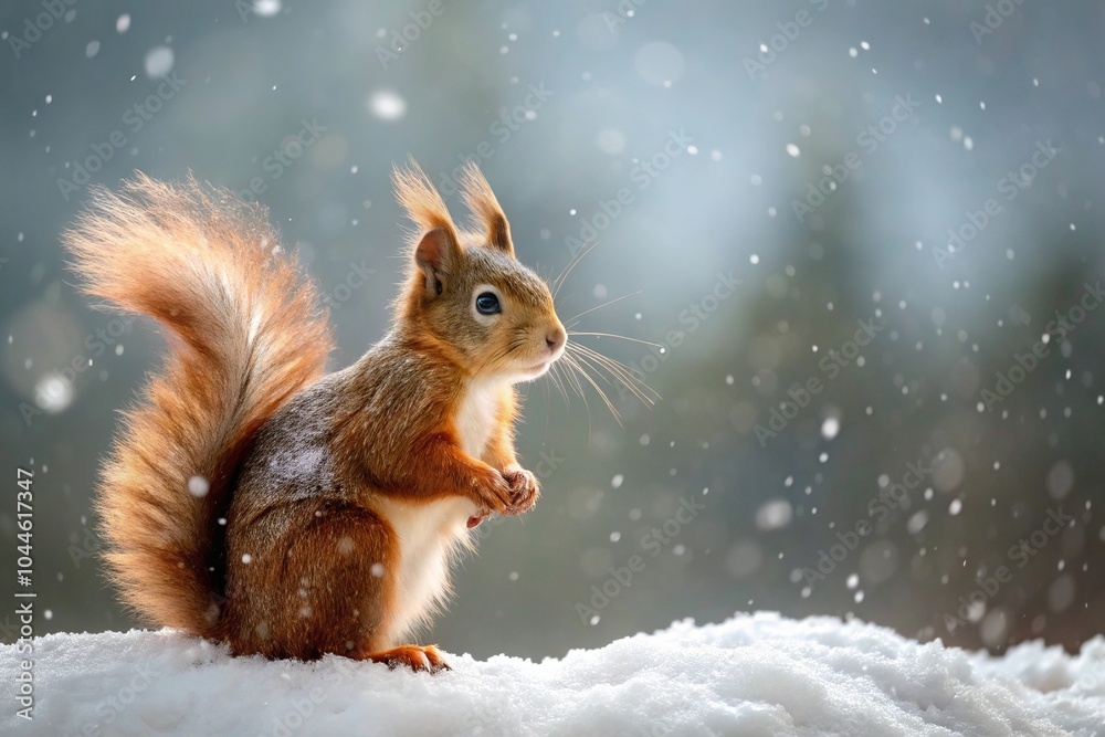 Silhouette of a cute red squirrel in falling snow during English winter Silhouette of a cute red squirrel in falling snow during English winter