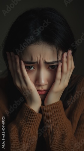 Close-up of a woman in a brown sweater, holding her face, expressing deep sadness and contemplation.